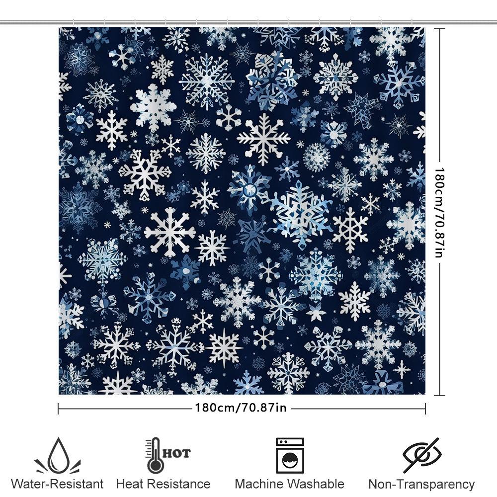 Winter Snowflake Shower Curtain Christmas Decor For Bathroom, Navy Blue With White Flakes 72X84 Inches Waterproof Fabric 1 Piece