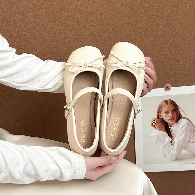 

Французская ретро мода универсальные туфли-лодочки на плоской подошве с легким вырезом, женские летние нишевые повседневные туфли Мэри Джейн с круглым носком и бантом 40 бежевый