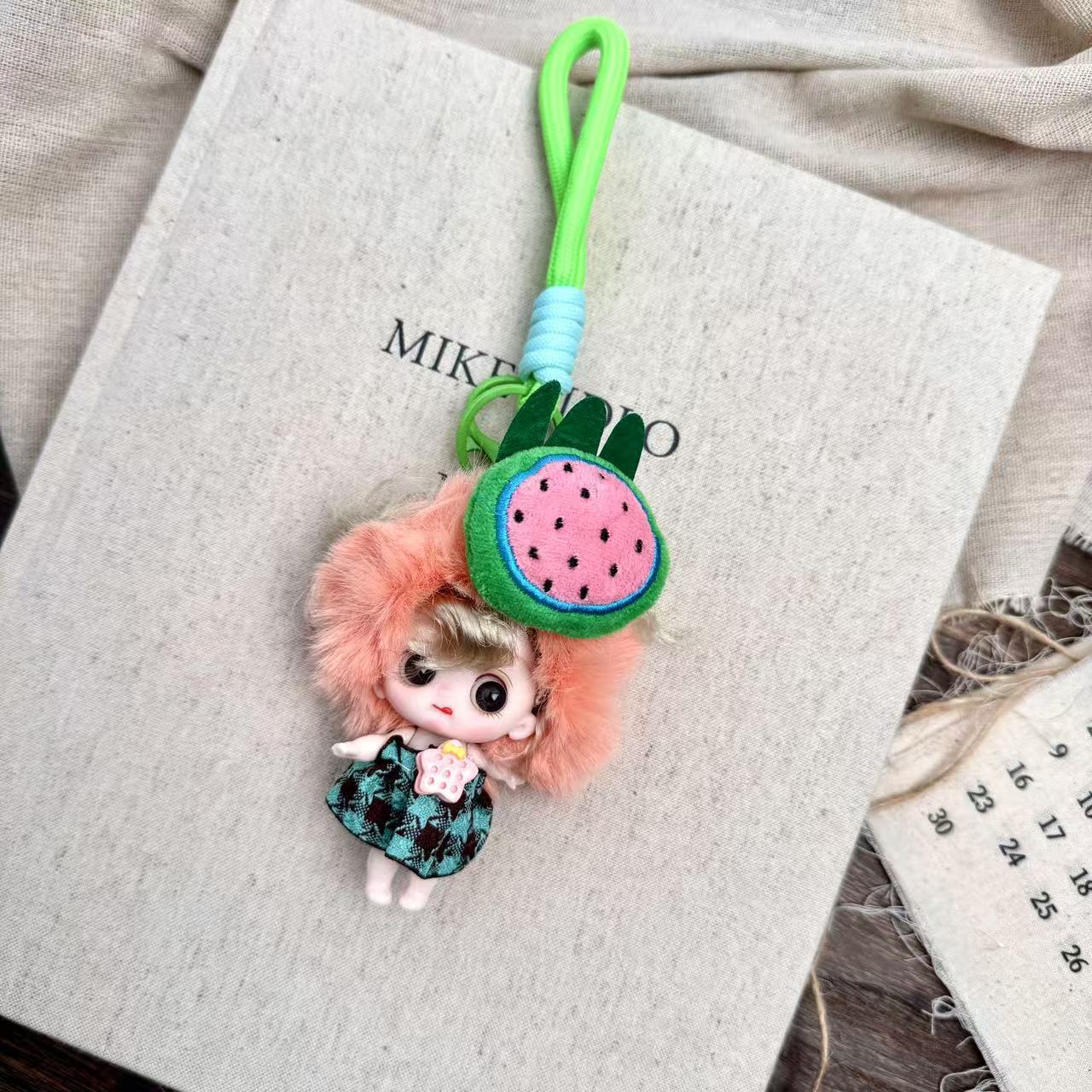 

Super Cute Doll Shape Pendant Top Pink Strawberry Fluffy Hair Plaid Skirt Cute Handmade Plush Pendant Accessories