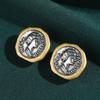 Vintage Gold Plated Ancient Coins Stud Earrings For Woman Round Button Shape Luxury Quality Jewelry Designer Gift