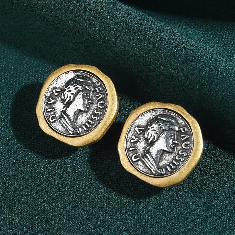 Vintage Gold Plated Ancient Coins Stud Earrings For Woman Round Button Shape Luxury Quality Jewelry Designer Gift