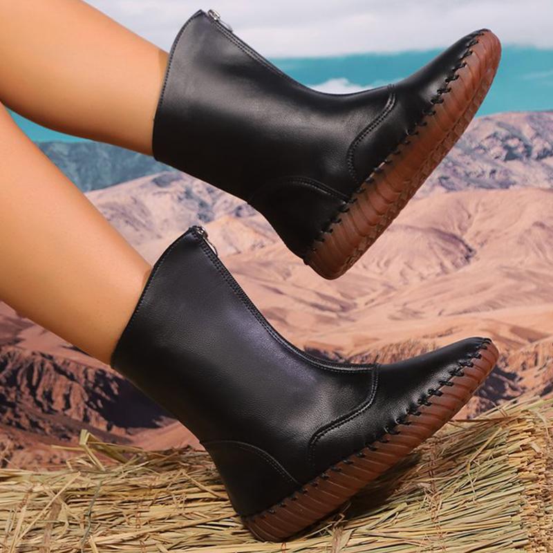 Fashion Vintage Pu Leather Mid-Calf Boots Women Winter Thick Warm Short Plush Boots Woman Zipper Flat Heel Beige Black Botas Mujer