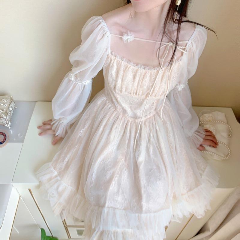 Sommer A-linie Rüschen Mesh Kleid Frauen Koreanische Süße Apricot Frauen Mini Kleid Quadrat Kragen Lange Puff Sleeve Prinzessin Kleider 28498