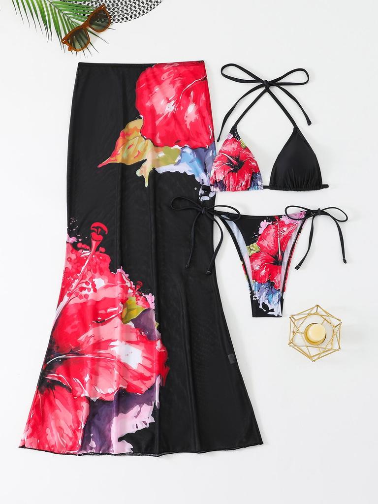 2026 European & American Women's Printed Long Skirt Split Bikini Three-Piece Swimsuit