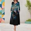 Women Plus Size V Neck Long Sleeve Black Purple Floral Print A Line Midi Dress With Pockets