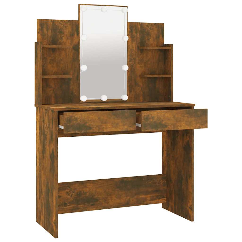 Makeup Table with LED Smoked Oak 96x40x142 cm