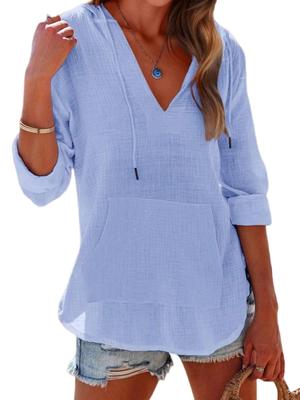Women's Beach Cover Up Hoodie Long Sleeve V Neck Pocket Hooded Sweatshirt Top