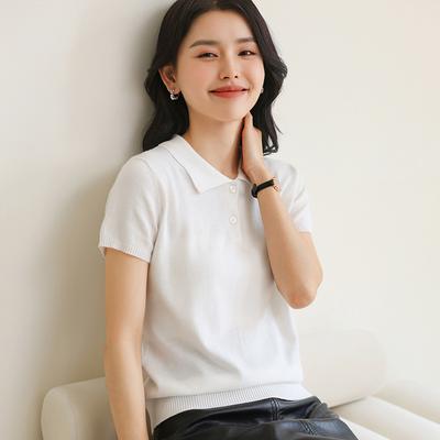Spring and Summer New Solid Color Cotton POLO Collar Half-sleeved Women's Basic Simple and Versatile Casual Base Knit Sweater Vest T-shirt