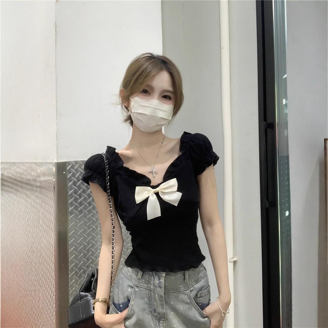 

Women s Black Bow Off-the-Shoulder Short Sleeve Slim-Fit Summer Top One Size [Premium Version] белый
