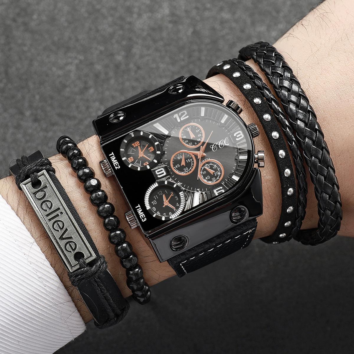 

Мужские часы Классическая мода Цифровая шкала Большой циферблат Продвинутый стиль Красивые Модные Кварцевые часы Набор браслетов (Нет коробки)