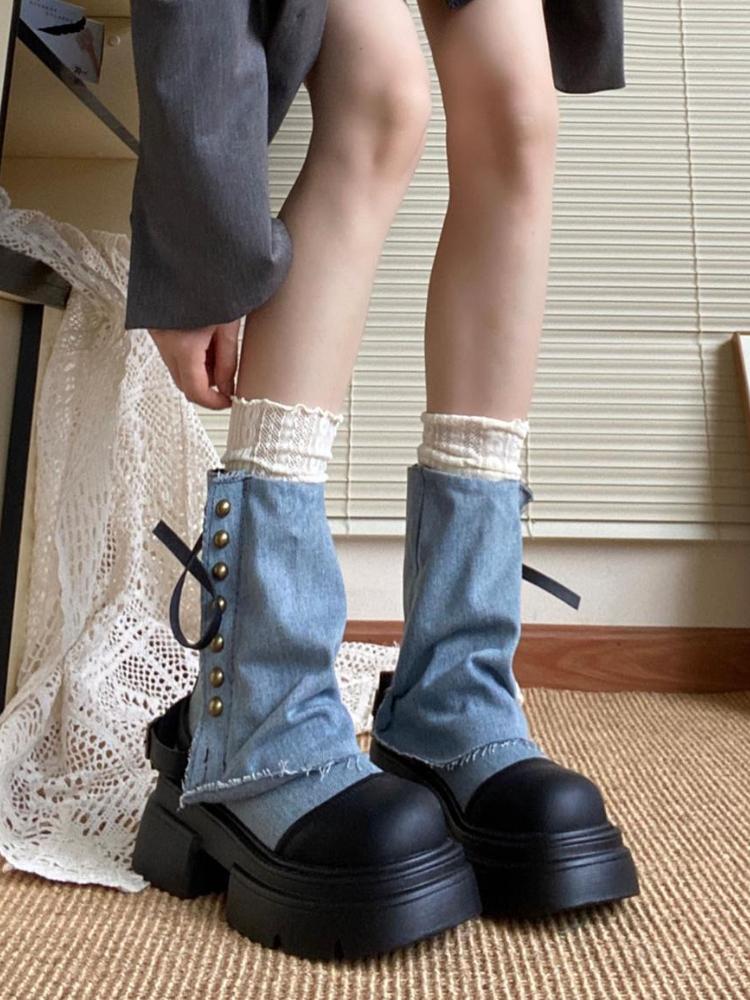 Cowboy Round Toe Platform Height Increase Half High Boots for Women Spring Autumn Chic and Elegant Cosplay Mid Calf Shoes Woman