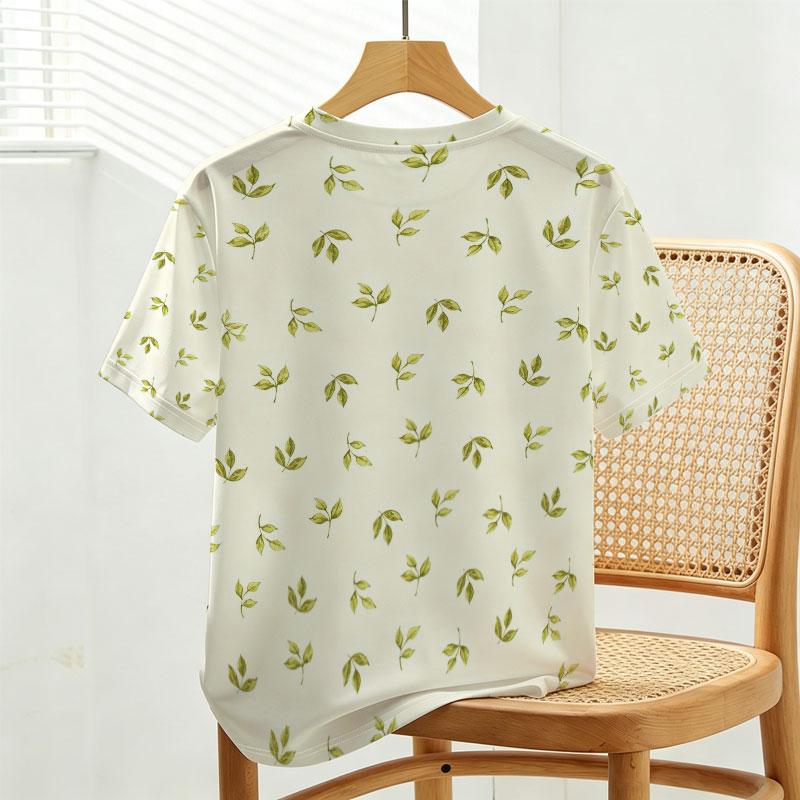 Women's Casual Short Sleeve T-Shirt Minimalist Green Leaf Print, Soft Comfy Summer Beach Tee, Perfect for Daily Wear & Work Commute