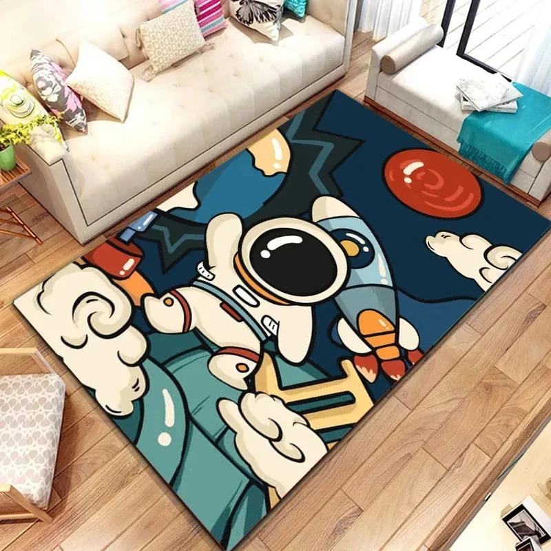 Kreskówkowy Astronaut Kosmiczny Dywan Planeta Kosmonauta Podróż w Kosmosie Nadruk Dywanik dla Chłopca Dziewczynki Sypialnia Salon Wewnątrz Mała Mata Podłogowa