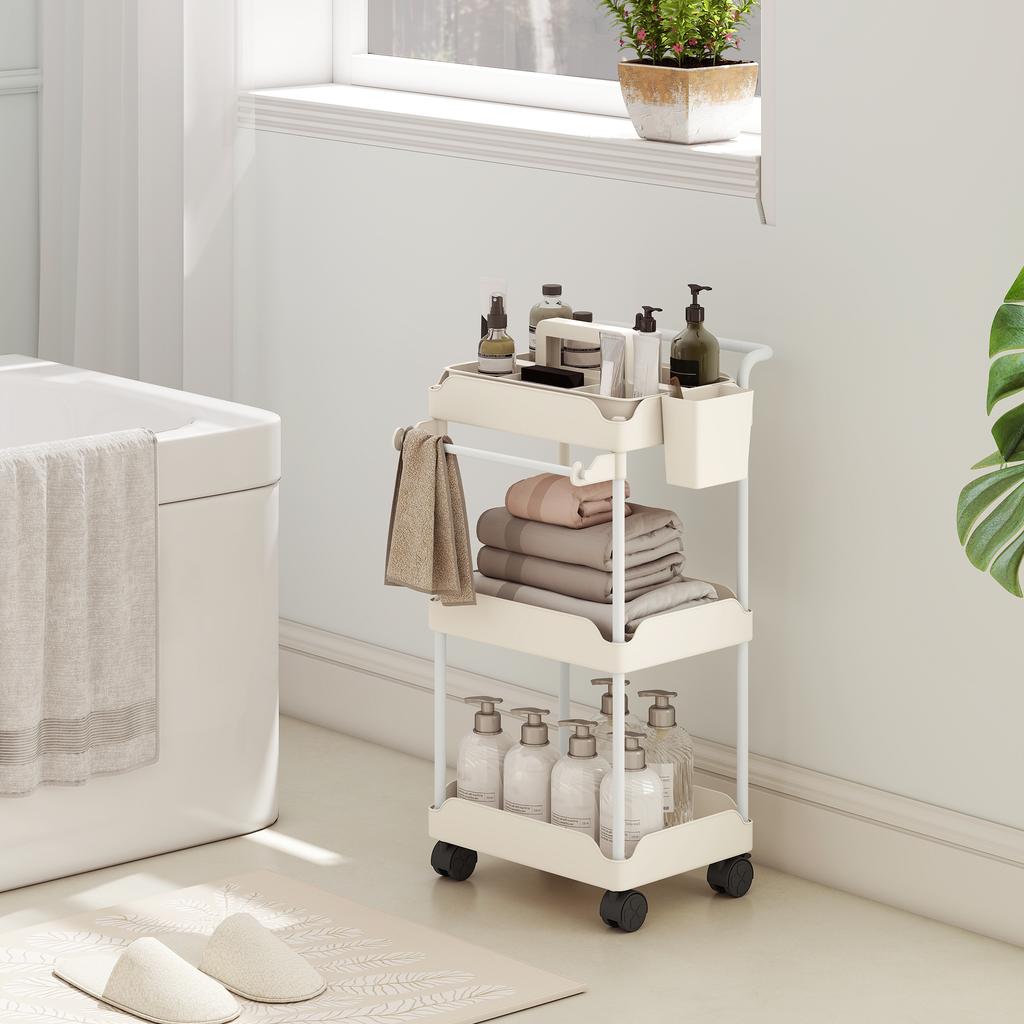 Storage Cart, 3 Baskets, Towel Rail, Wheels, Handle, Metal Frame, White