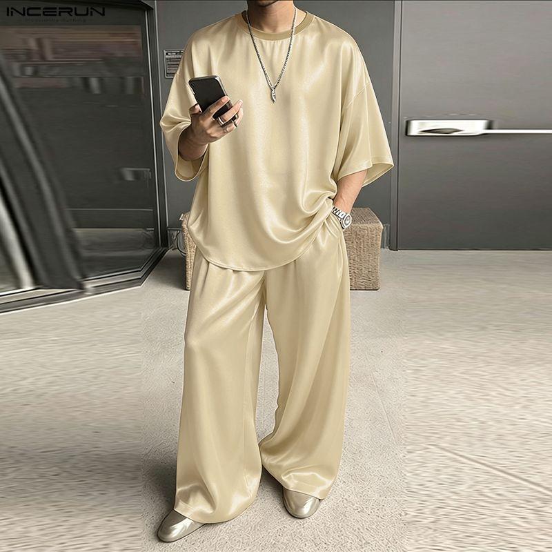 INCERUN Men's Two Piece Sets Oversized T-shirt and Wide Leg Pants Casual Satin Loungewear Outfits