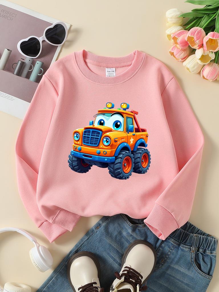 European Sizes Cartoon Monster Truck Girls' Crew Neck Sweatshirt, Autumn Winter, Long-Sleeved, Casual Colors for Young Girls.