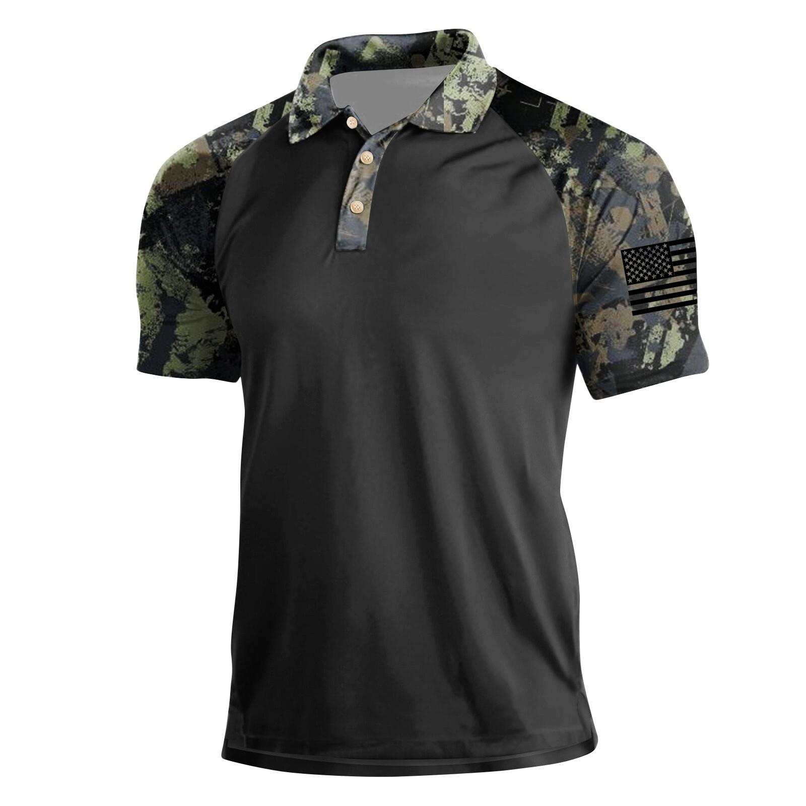 

Men s Short Sleeve Polo Shirt Camouflage Print Raglan Sleeve Flag Patch Casual Sportswear Top M чёрный