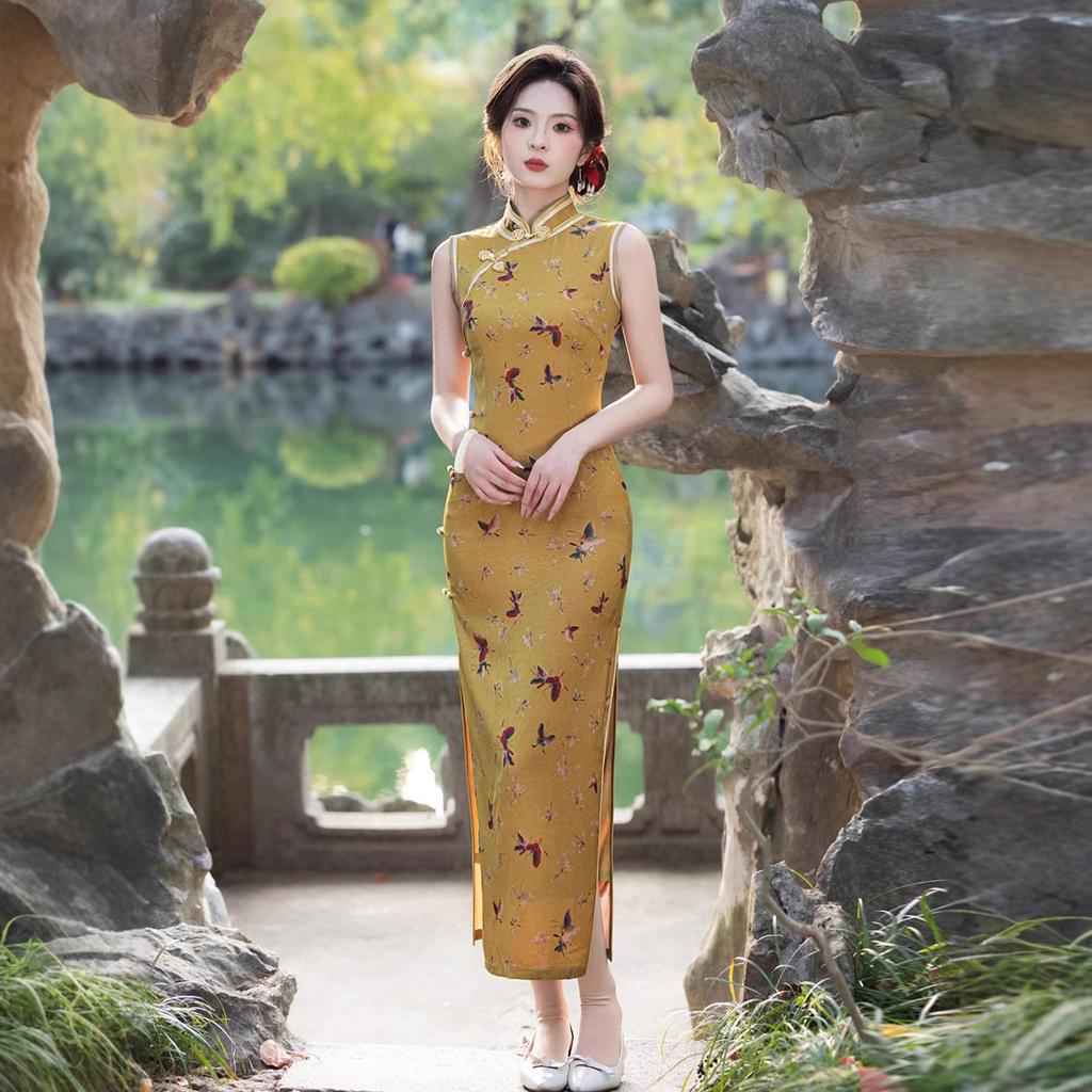 Huinan Sujin high-end and beautiful gold cheongsam 1011 new spring and summer waist daily wear dress