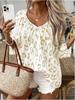 Spring Summer Women's Elegant Commute Top Beige Leopard Print V-Neck Ruffled 7/8 Sleeve Shirt