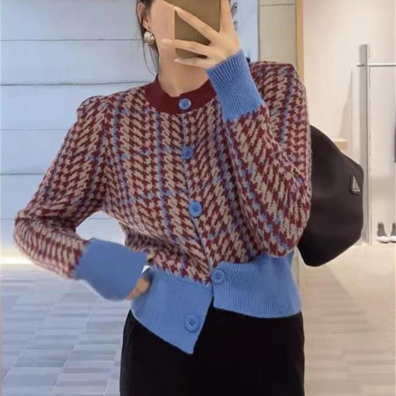 

Кардиган женский осенний новый свободный вязаный кардиган с круглым вырезом в клетку «Тысяча птиц» с длинными рукавами, однобортный свитер, куртка One Size синий