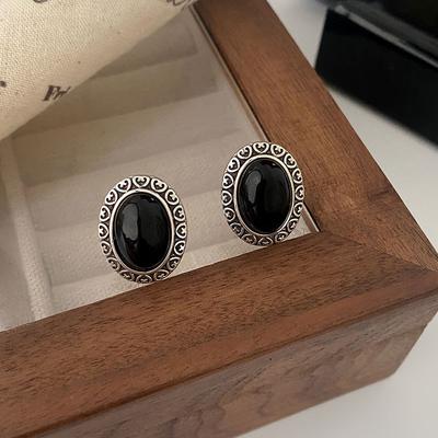 Náušnice Love Lace z černého achátu, oválné náušnice, thajské, všestranné, ve starém retro stylu pro ženy