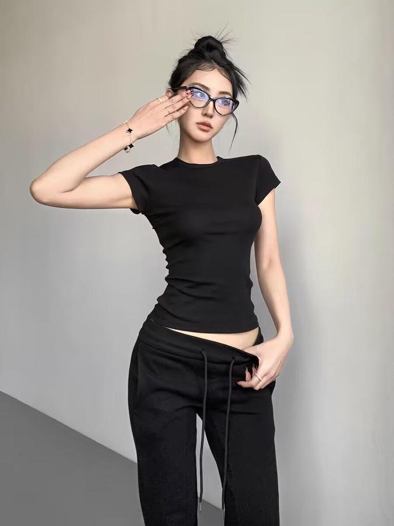 2025 New High Quality Casual T Shirt Sexy Slim Short Sleeves Fashion Trend Solid Women Clothing Y2k Tops