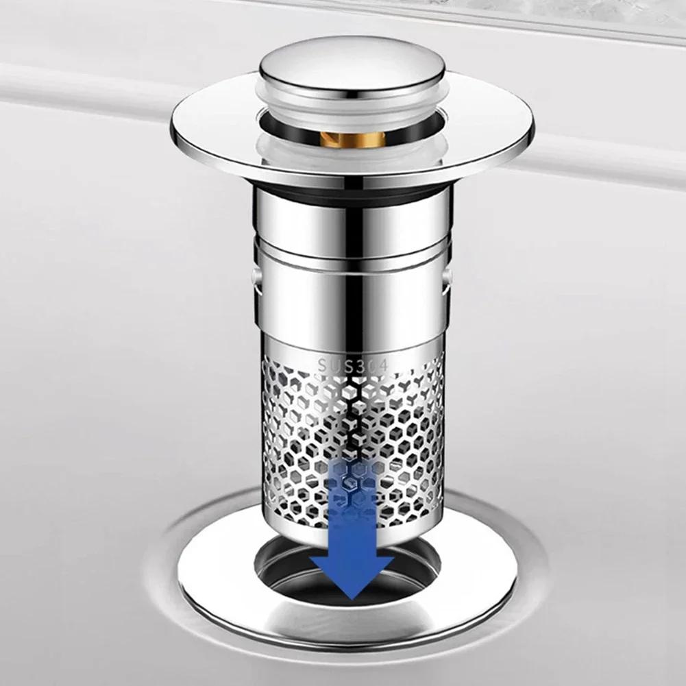 Universal Press Type Sink Drain 8CM Stainless Steel Washbasin Leak Plug Odor Proof Bouncing Core Accessory