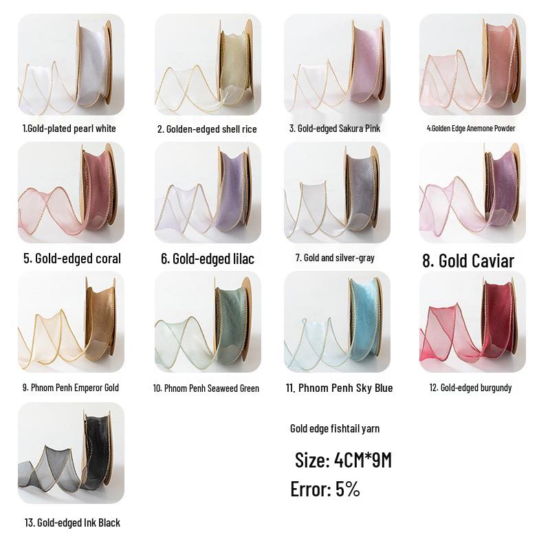 4cm Gold Edge Fishtail Yarn Ribbon for Floral Bouquets, Cake Decorations, Gift Bows, and DIY Projects.