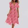 Women's Fashion Casual V Neck Short Sleeve Ruffled Vintage Printed Dresses