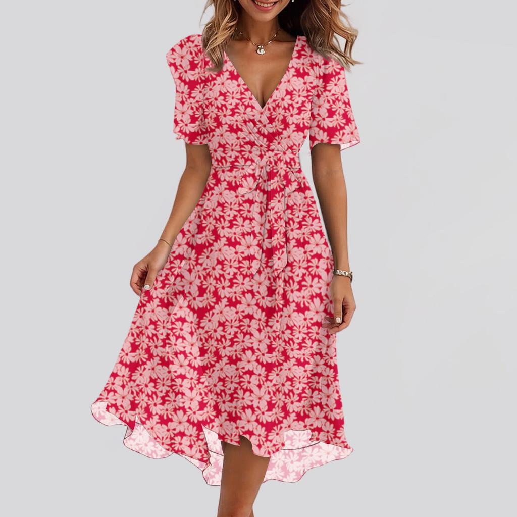 Women's Fashion Casual V Neck Short Sleeve Ruffled Vintage Printed Dresses