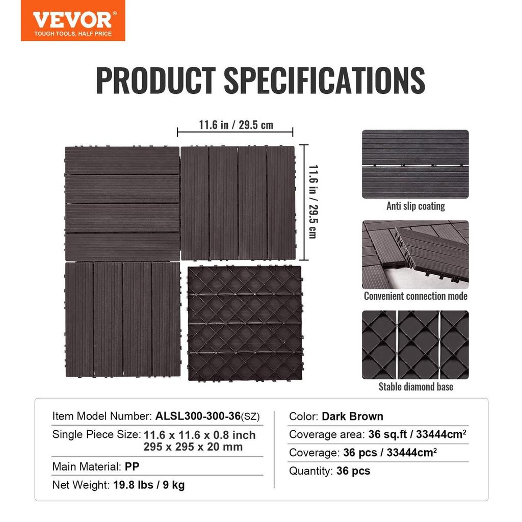 Interlocking Deck Tiles 36 Pack 12"x12" Waterproof for Porch Dark Brown