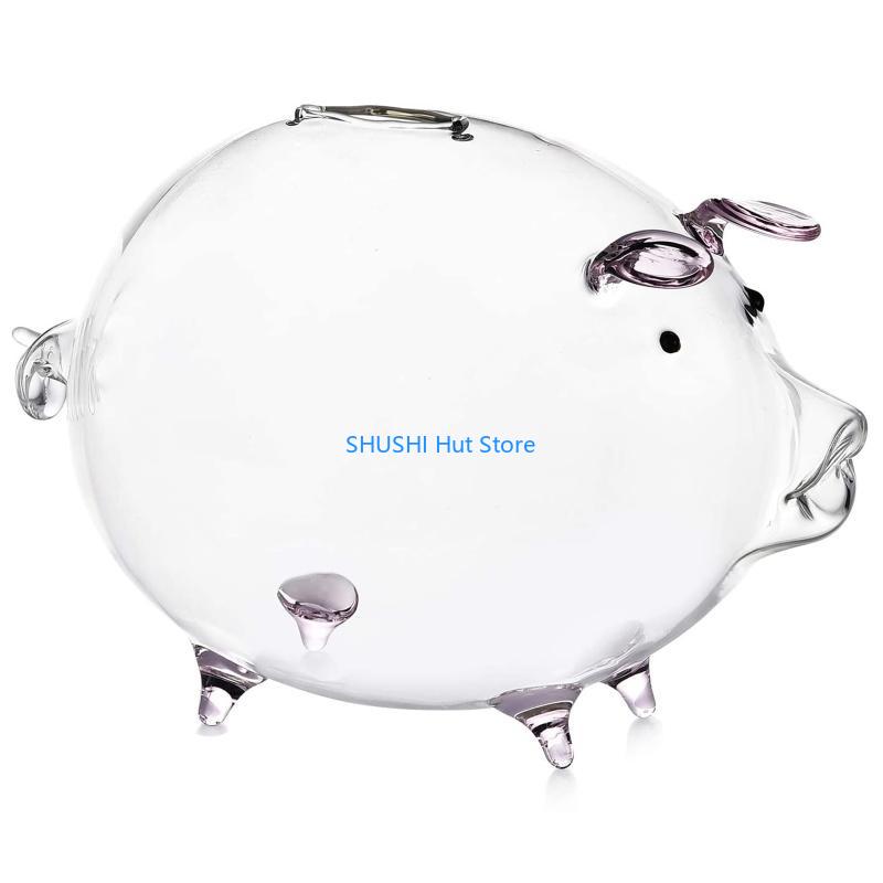 Свинья Свинка Копилка Коробка для сбора монет Прозрачное стекло Сувенир Рождение D57B розовый
