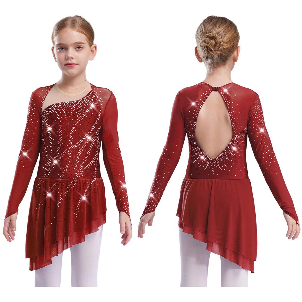 Sparkly Girls Lyrical Dance Dress with Sheer Sleeves Asymmetric Hem Cutout Back for Performance