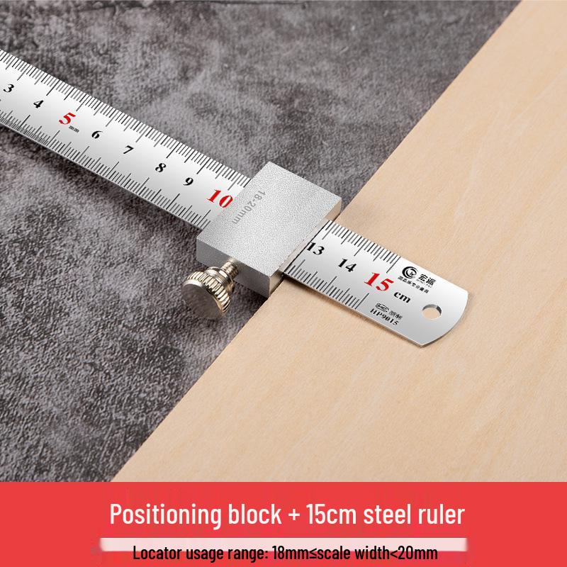 Exclusive Stainless Steel Straight Ruler with Positioning Block and Scribing Limiter - 15/20/30/40cm for Woodworking