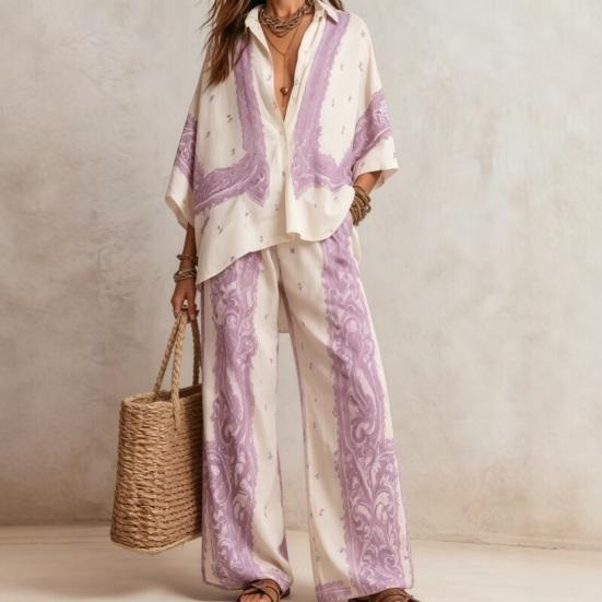Damen Boho Baumwolle Leinen 2-teilige Sets, 3/4 Ärmel Bedruckte Hemden und Weite Hosen Passende Sets, Lockere Urlaubs-Lounge-Outfits