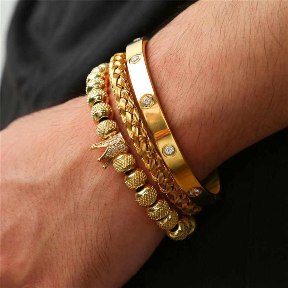Luxury Micro Pave Crown Bracelets Roman Royal Charm Mens Bracelets Stainless Steel Crystals Bangles Couple Jewelry Gift