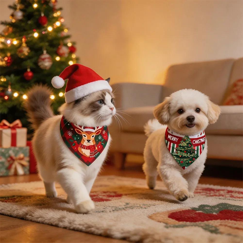 Holiday Dog Scarf Bibs 2Pcs Christmas Plaid Bandanas Puppy Pet Grooming Accessories For Cats Dogs Christmas Gift Supplies
