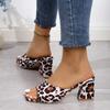 Women's Leopard Print High Heel Slippers with Square Toe and One Strap Design