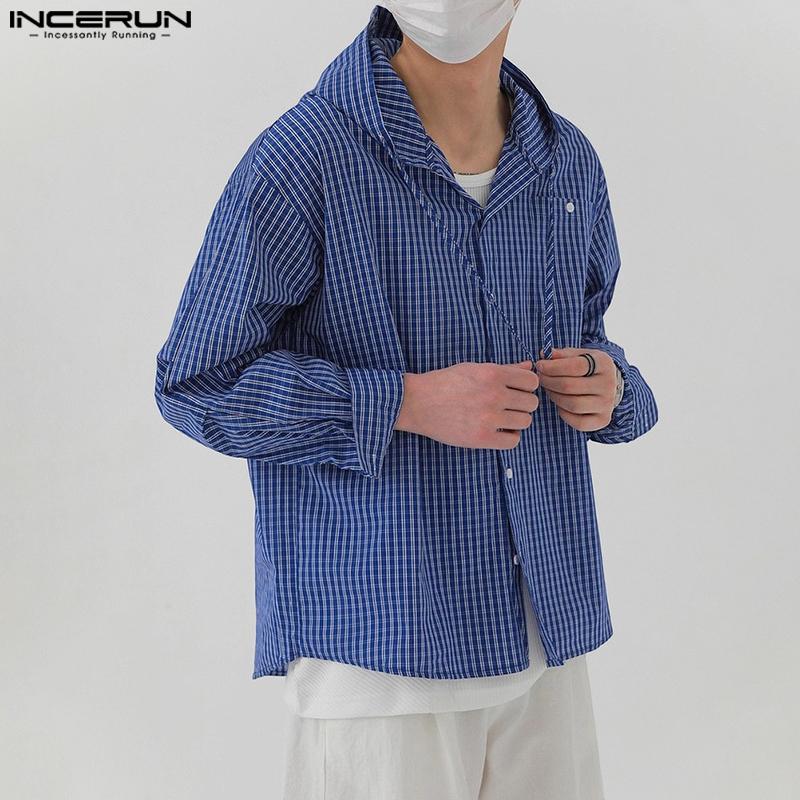 INCERUN Men Long Sleeve Buttons Plaid Print Hooded Shirts Casual Tops