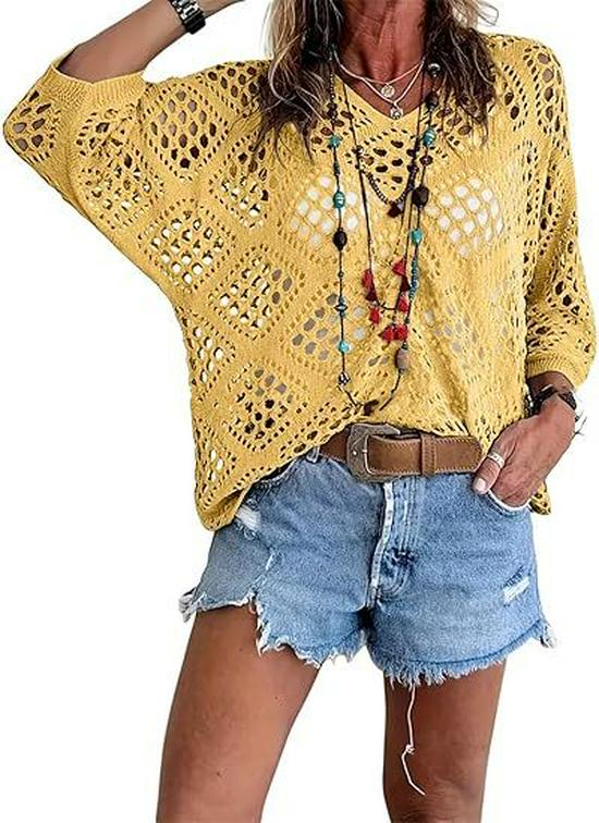 Cardigan lavorato a maglia da donna con scollo a V, intagli a forma di diamante e maniche a pipistrello, per la primavera/estate europea