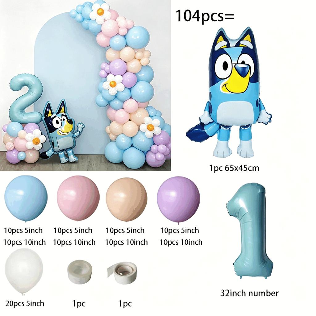 Bluey Pastel 2nd Birthday Balloon Arch Set Number 2 Foil Balloon Blue Dog Flower Garland Kids Party Decor Photo Backdrop Kit Set