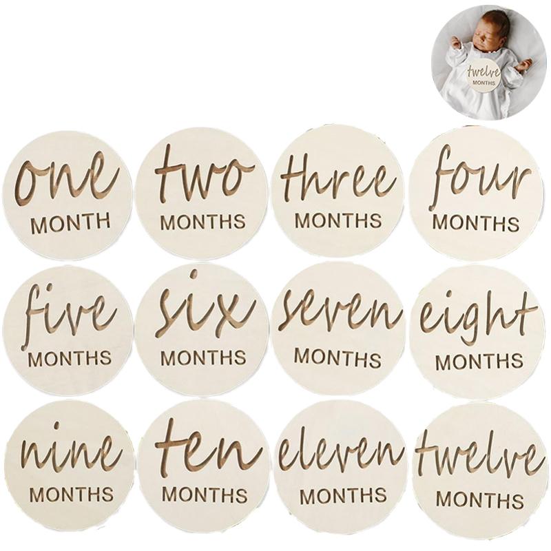 12 Pcs Wooden Baby Monthly Milestone Cards, Baby Monthly Milestones For Newborn Baby Gifts,1-12 Months Wooden Discs