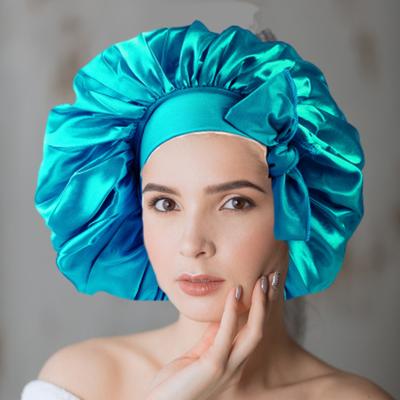 Hair Cap Satin Bonnet Extra Large Sleeping Bonnet Solid Color Bow Decor Elastic Band High Density Women Braids Curly Night Hat Bath Shower Cap