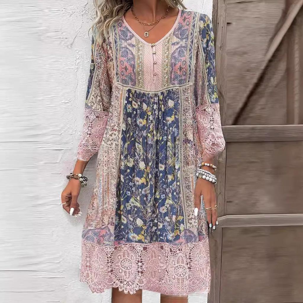 Women's Summer Retro Printed Lace Dress