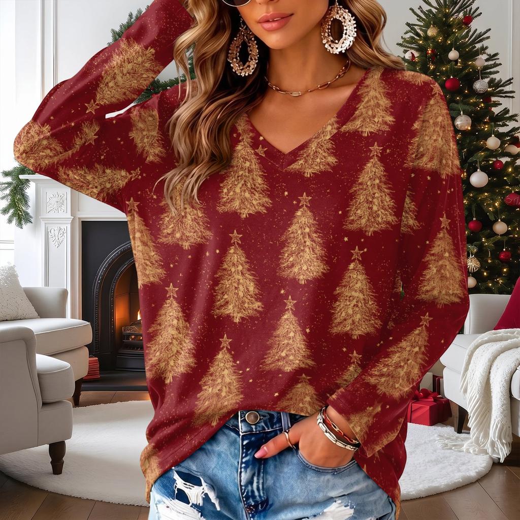 Women's V-Neck Long Sleeve Christmas Print Lightweight Blouse for Spring Summer