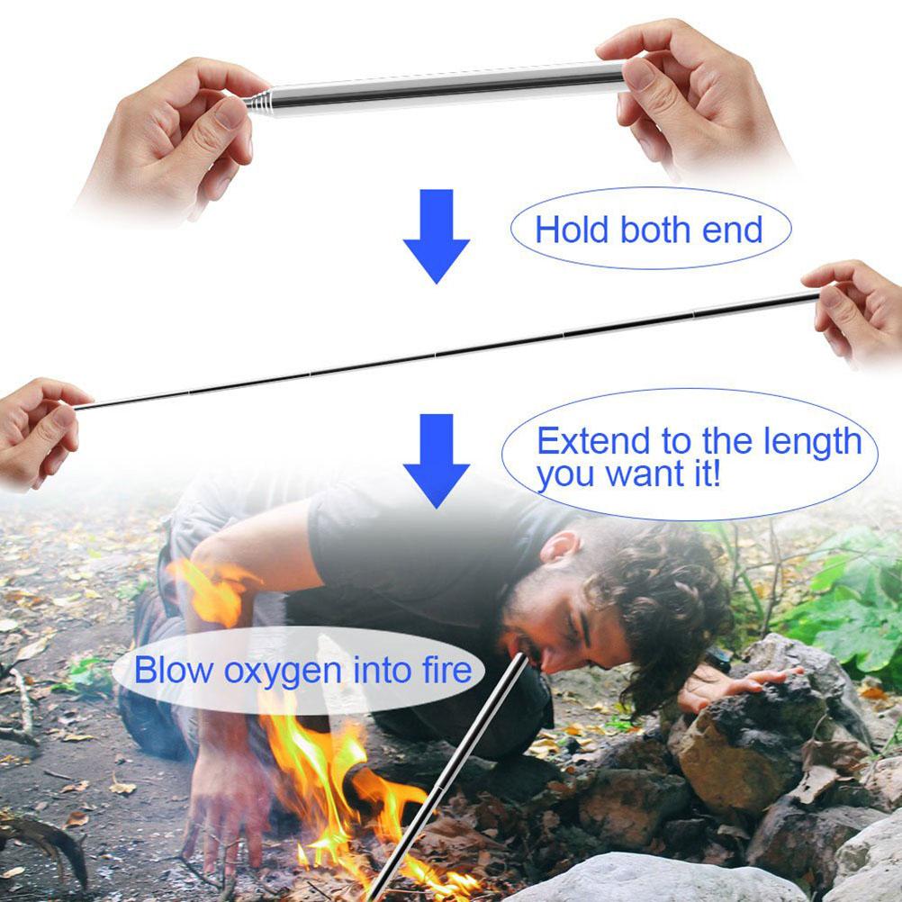2pcs Stainless Steel Blow Fire Tube Collapsible Pocket Retractable Blow Fire Stick for Outdoor Picnic Camping Hiking