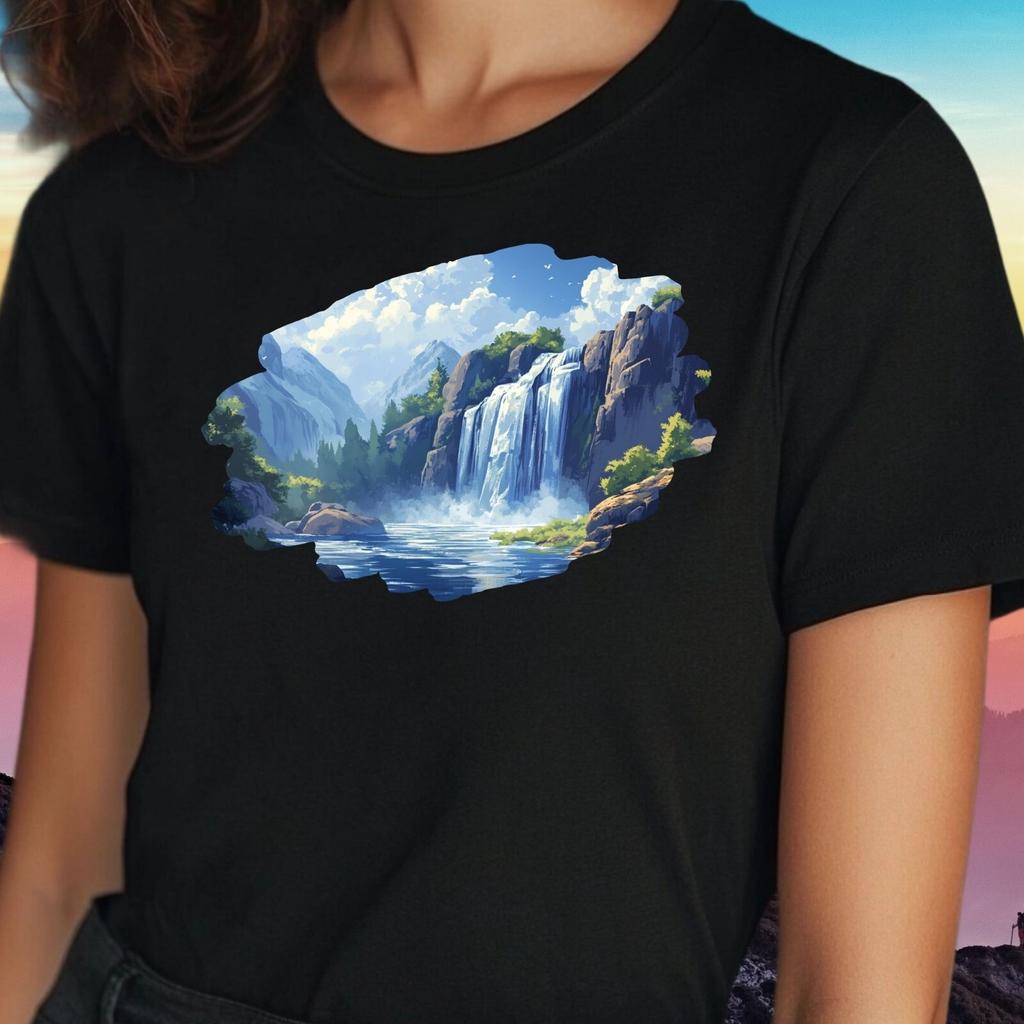T-Shirt Frauen Wasserfall Fantasielandschaft Motiv Baumwolle Größe S bis 3XLWird in neuem Fenster oder Tab geöffnet