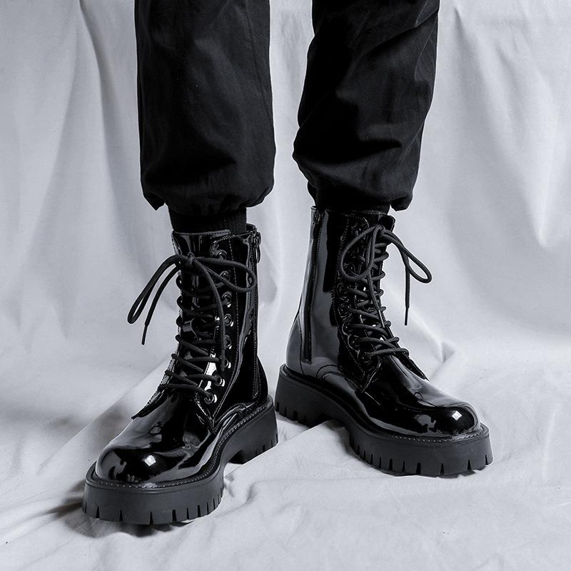 Men Luxury Fashion Patent Leather Boots Black Tide Platform Shoes Party Nightclub High Top Motorcycle Boot Cool Knight Botas Man