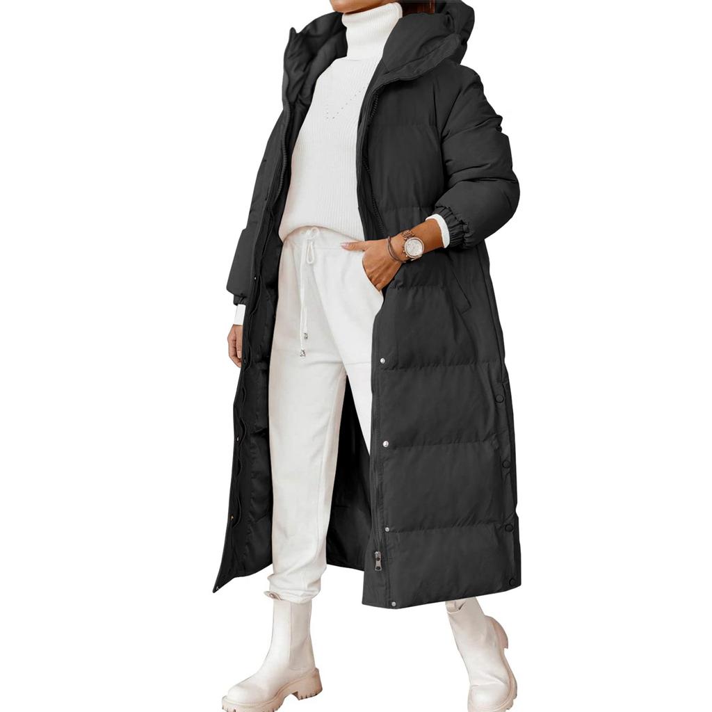 Women's Solid Color Hooded Long -style Temperament Cotton Coat Fashion Zipper Long -sleeved Pocket Jacket