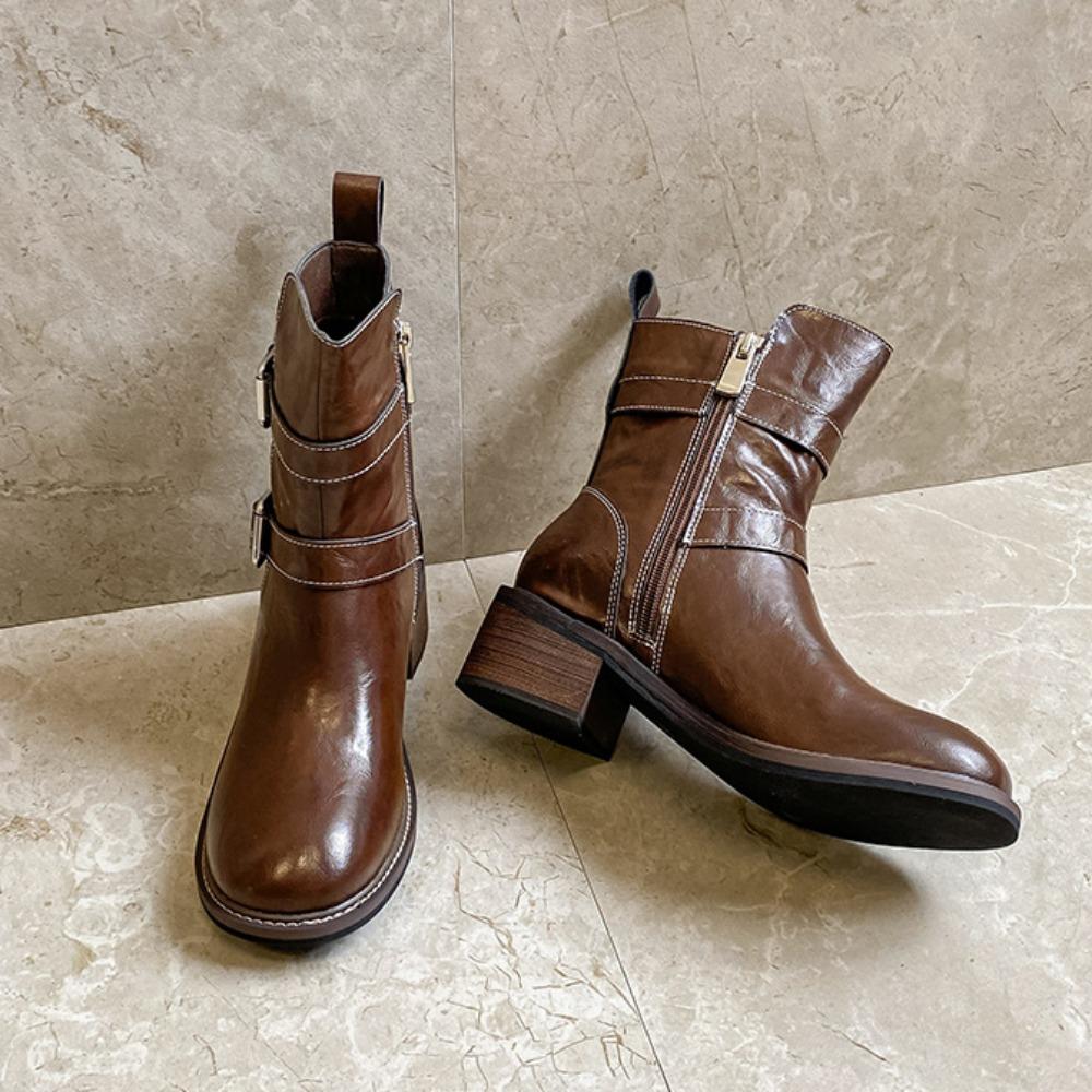 Retro Short Boots Knight Boots Women's Shoes New Versatile Spring Autumn Belt Buckle Round Toe Thick Soled Boots Ladies Shoes